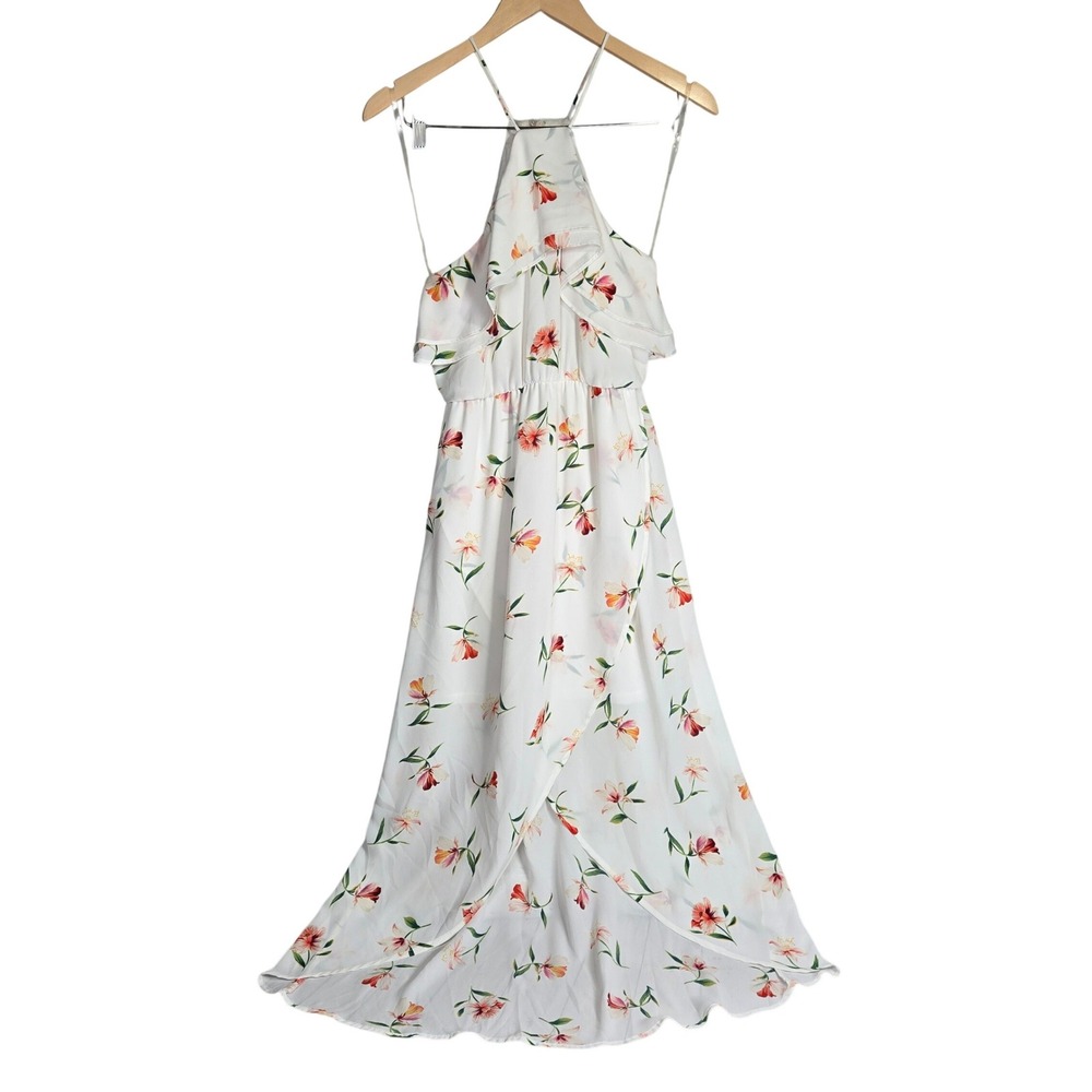 LUSH White Floral High Low Halter Maxi Dress Small DR95222P-006‎ Ruffle Neck